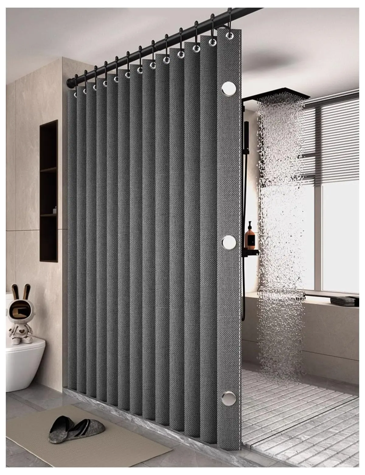 Cortina de ducha de lino plegable para baño con imanes, resistente al agua, adecuada para ducha que no incluye varilla telescópica