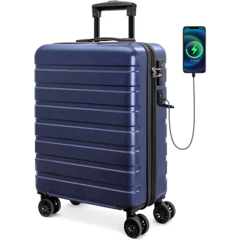 

Carry On Luggage 21" Hardside PC ABS Lightweight USB Suitcase with Wheels TSA Lock for kids DarkBlue