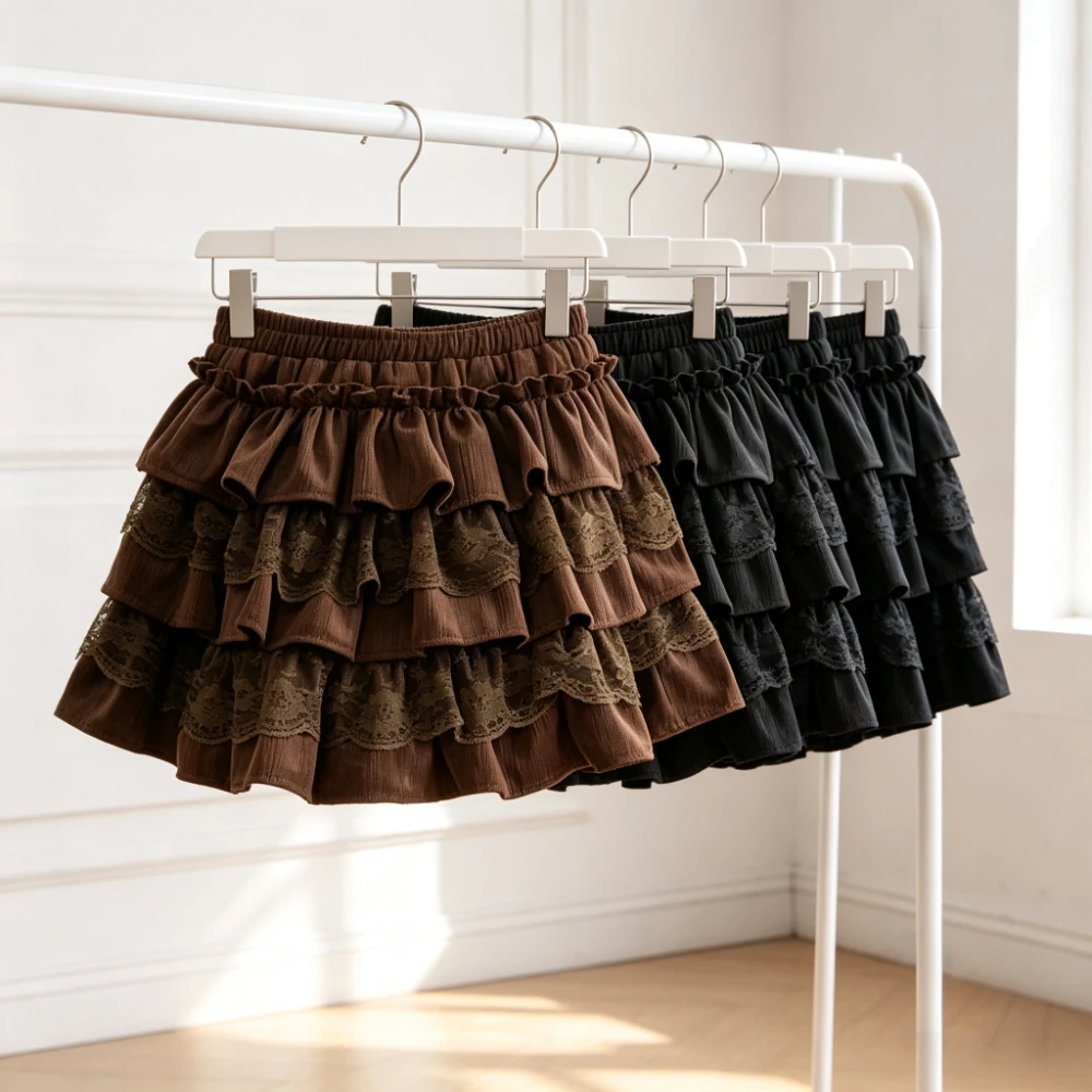 Girls Tiered Lace Cake Skirt Velvet High Waist Mini Skirt Kids Vintage Sweet Ruffle Layered Bottoms Party Daily Wear Fall Winter
