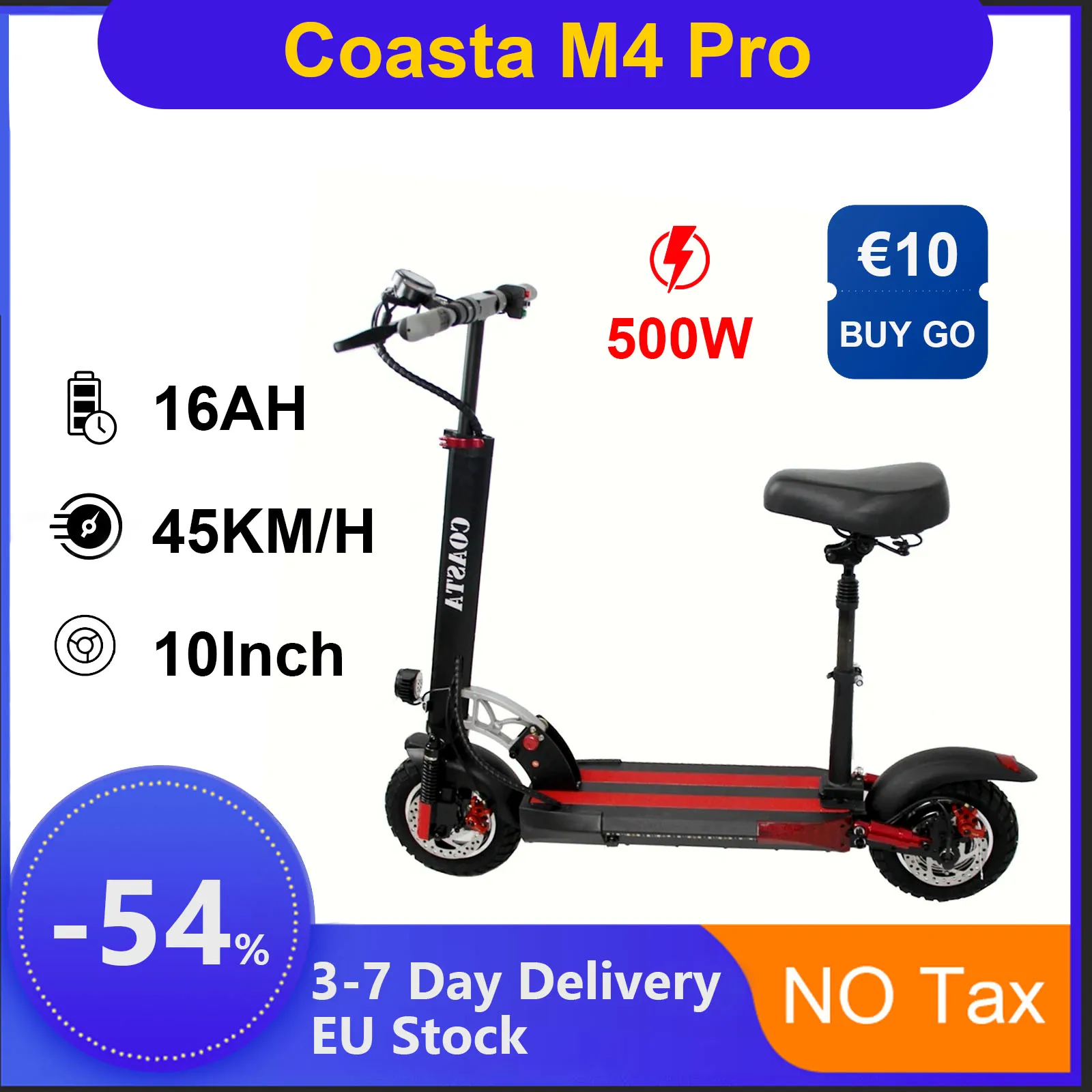 COASTA M4Pro 16AH Electric Scooter Escooter 500W Motor Adults Electric Skateboard 10Inch Shock-absorbing 45KM/H Smart Scooter