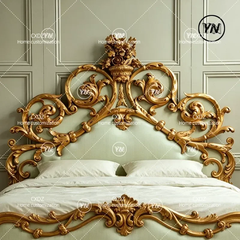French Retro Green Solid Wood Carving Double Bed European Classical Golden Luxury Princess Bed