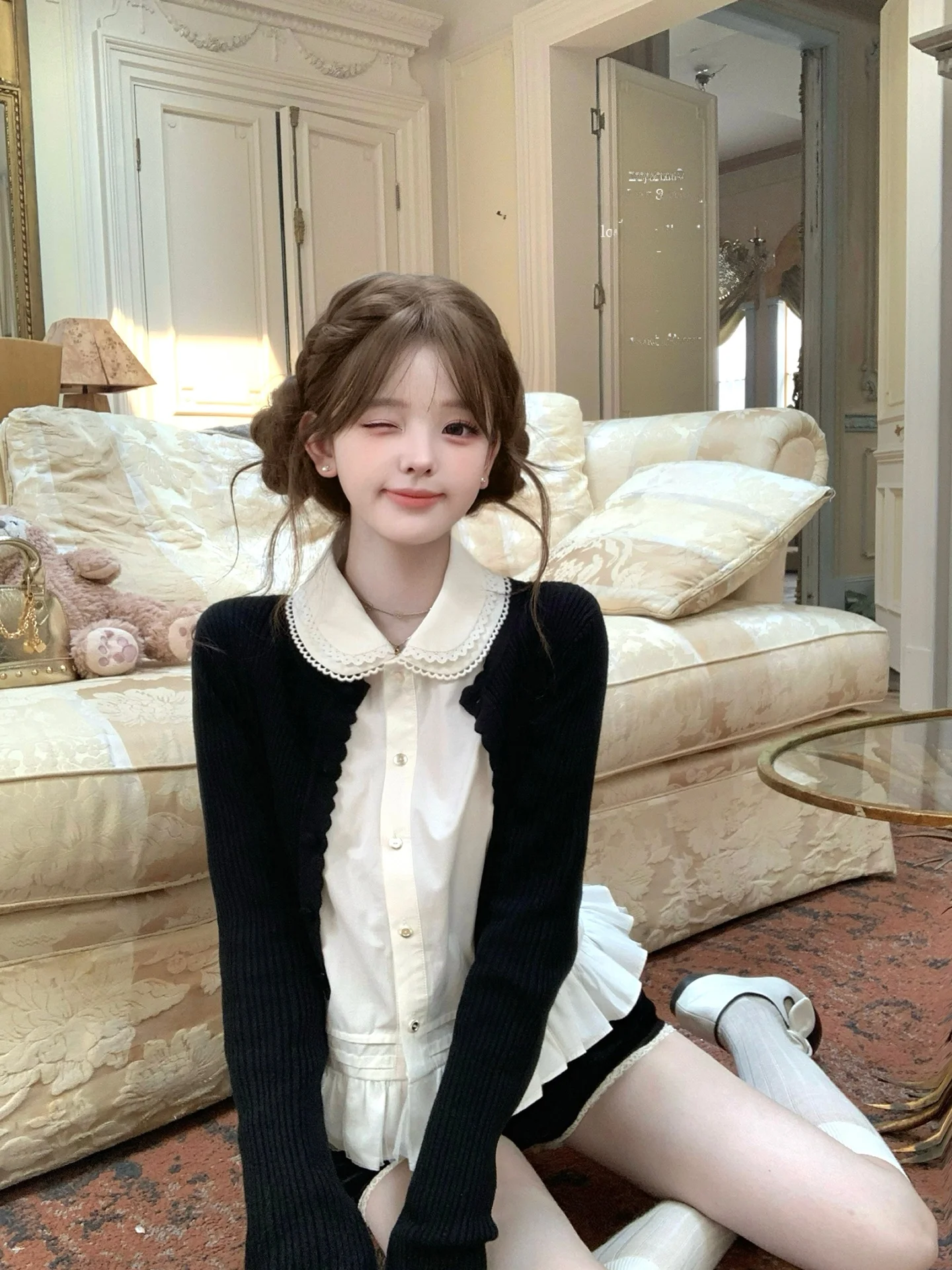 

Pure Cotton White irt Set with Embroidered Collar And Lace Hem Simple Sle Velvet Fabric Long Sve Doll Collar for Women