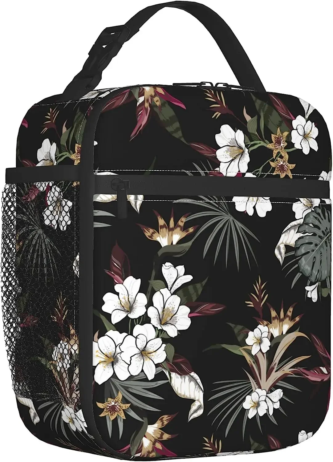 White Flower Print Thermal Lunch Box for Women Girls Insulated Lunch Bag Reusable Portable Cooler Bags for Work Picnic Travel