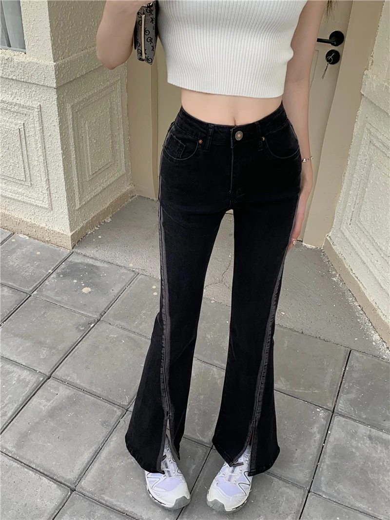 

High Waist Flared Jeans Women's plus Size Open Split adient Color Bla Slimming Summer Long Pants Casual Faion