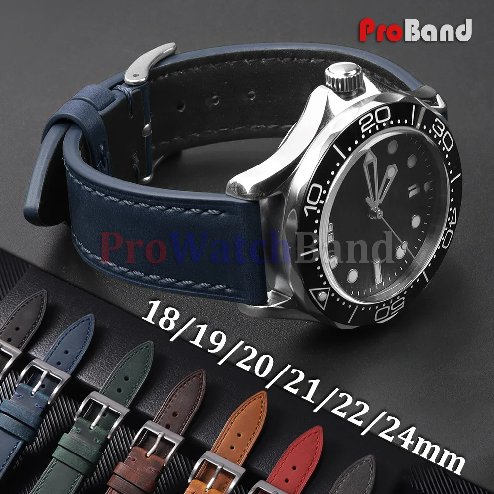 

18 19 20 21 22 24mm Crazy Horse Cowhide Watch Band Retro Leather Watch Straps for Casio for Seiko Men Women Gray Blue Wristbands