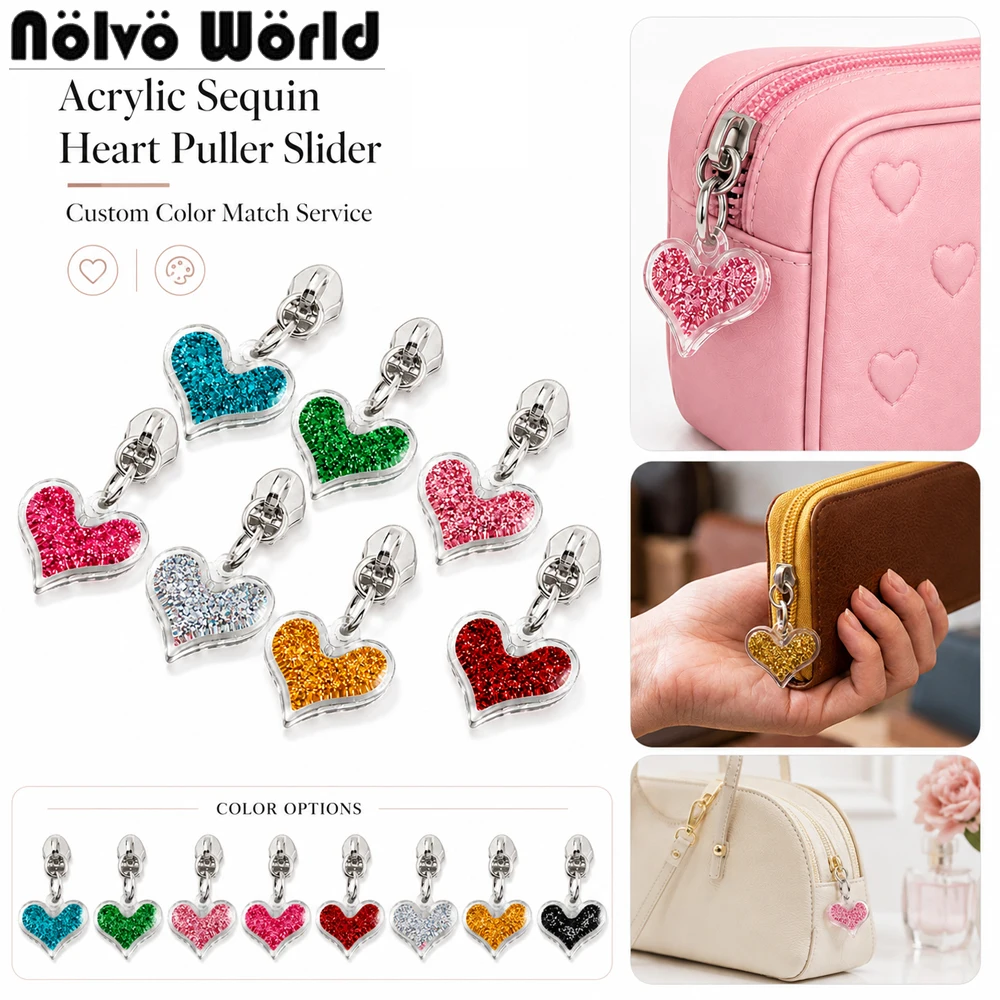10/30/100PCS 5# Nylon Heart-Shaped Glitter Zipper Slider For Garment Bag Purse Pocket Zippers Puller Decorative Gift Accessories