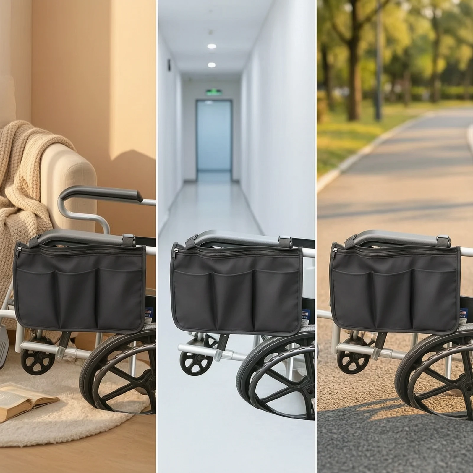 Wheelchair Side Organizer Bag Hanging Wheelchair Armrest Pouch Armrest Bag Long-Lasting Heavy-Duty for Disabled, Travel, Outings