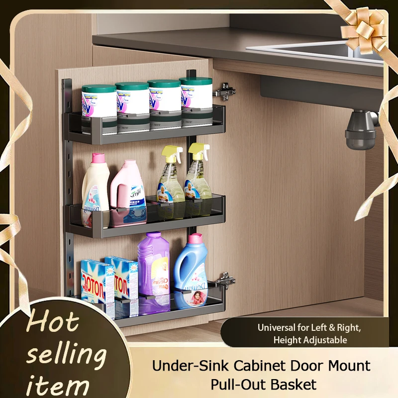 Under Sink Cabinet Door Mounted Pull Out Basket Multifunctional Storage Rack With Hooks Shelves No Drill Mount Quick Install