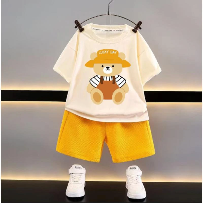 

Boys' Cartoon Printed Short Sleeved Waffle Style Summer Two-piece Set Casual and Loose Fit Cool and Handsome Men's Clothing