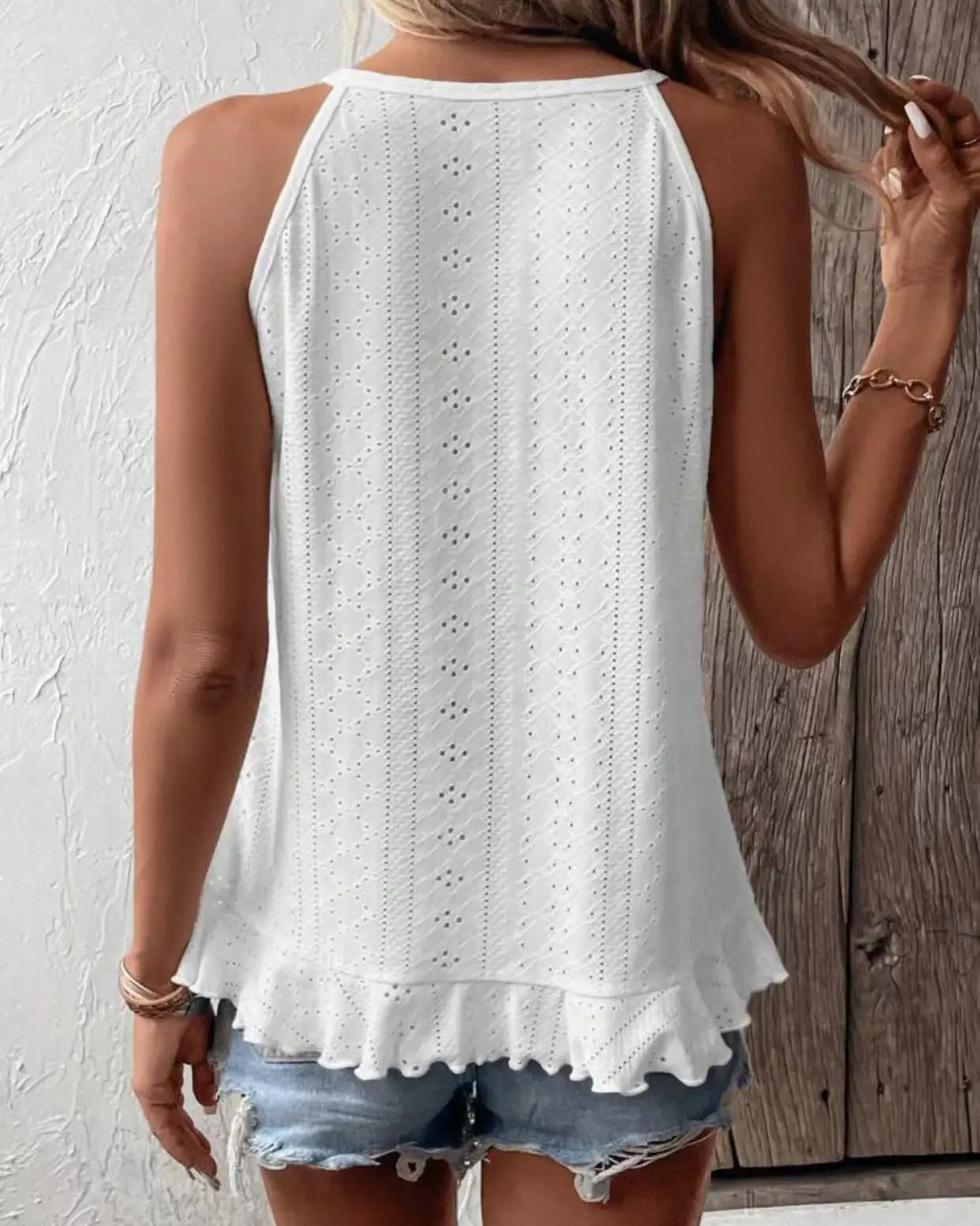 Women\'s  Plain Eyelet Embroidery Ruffle Hem Wrap Tank Top Casual Round Nech Sleeveless Top For Summer Ladies Clothes For Daily