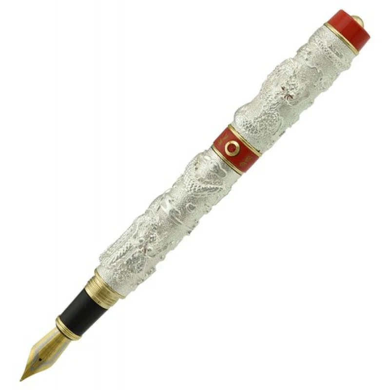 A+ Jinhao Vintage Fountain Pen Double Dragon Playing Pearl 3D Embossed Silver  Red