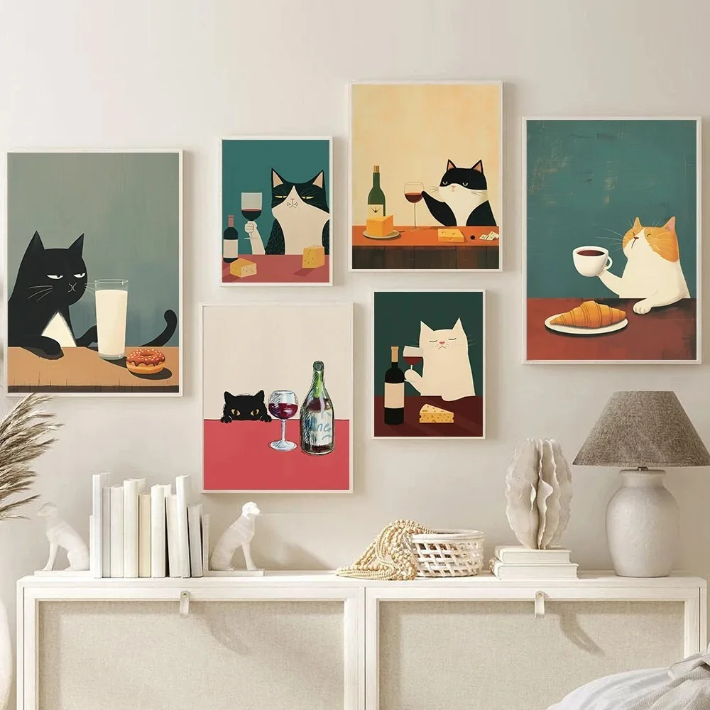Funny Japanese Sushi Cat Wall Art Canvas Painting Wine Martini Cheese Posters Coffee Croissant Living Room