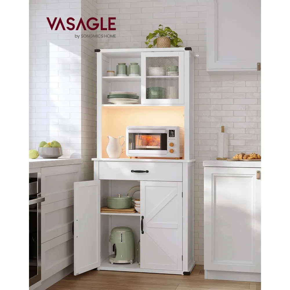 VASAGLE 71" Pantry Cabinet with Lights and Charging Station, Kitchen Pantry Cabinet with Doors and Drawer, Farmhouse Storage