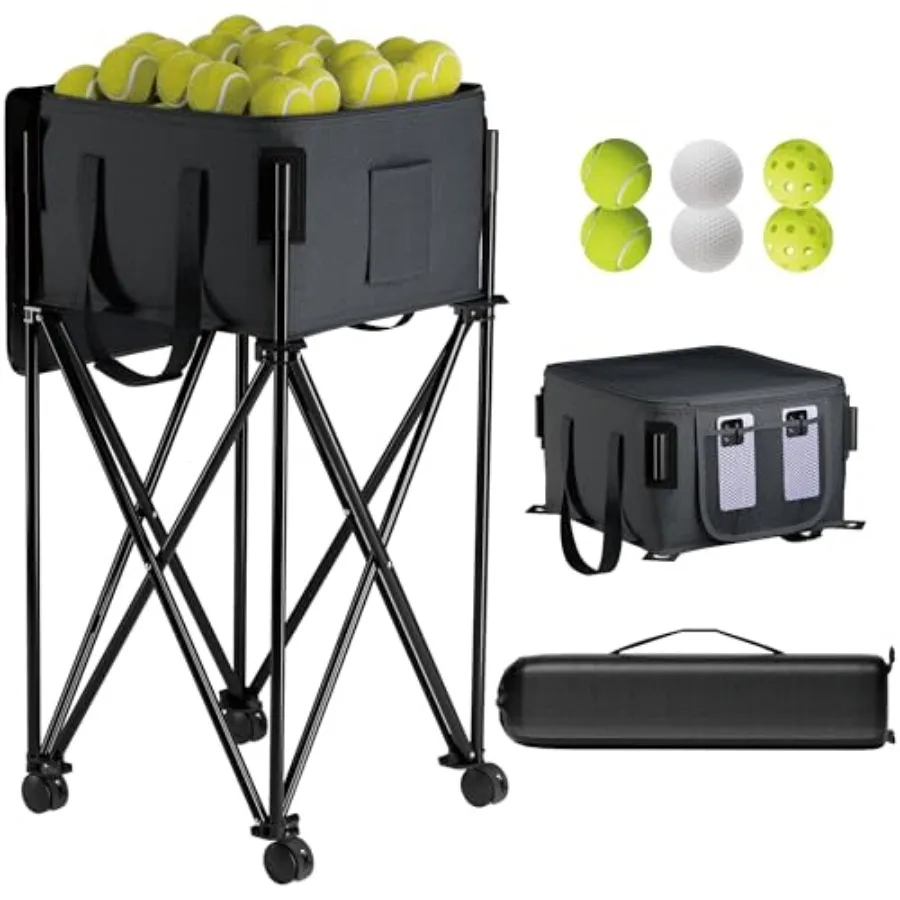 

Tennis Ball Hopper for 120 Balls Tennis Ball Basket with Removable Storage Bag Wheeled Tennis Ball Cart for Serve Training Port