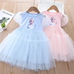 Girls Puff Sleeve Mesh Dress Summer New Cute Cartoon Frozen Elsa Printed Princess Dress Toddler Kid Clothes Birthday Party Dress