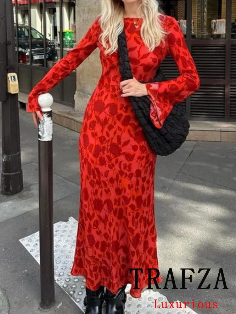 TRAFZA Vintage Casual Chic Women Dress Print O-Neck Long Sleeve Slim Long Straight Vestidos New Fashion 2024 Spring Dress