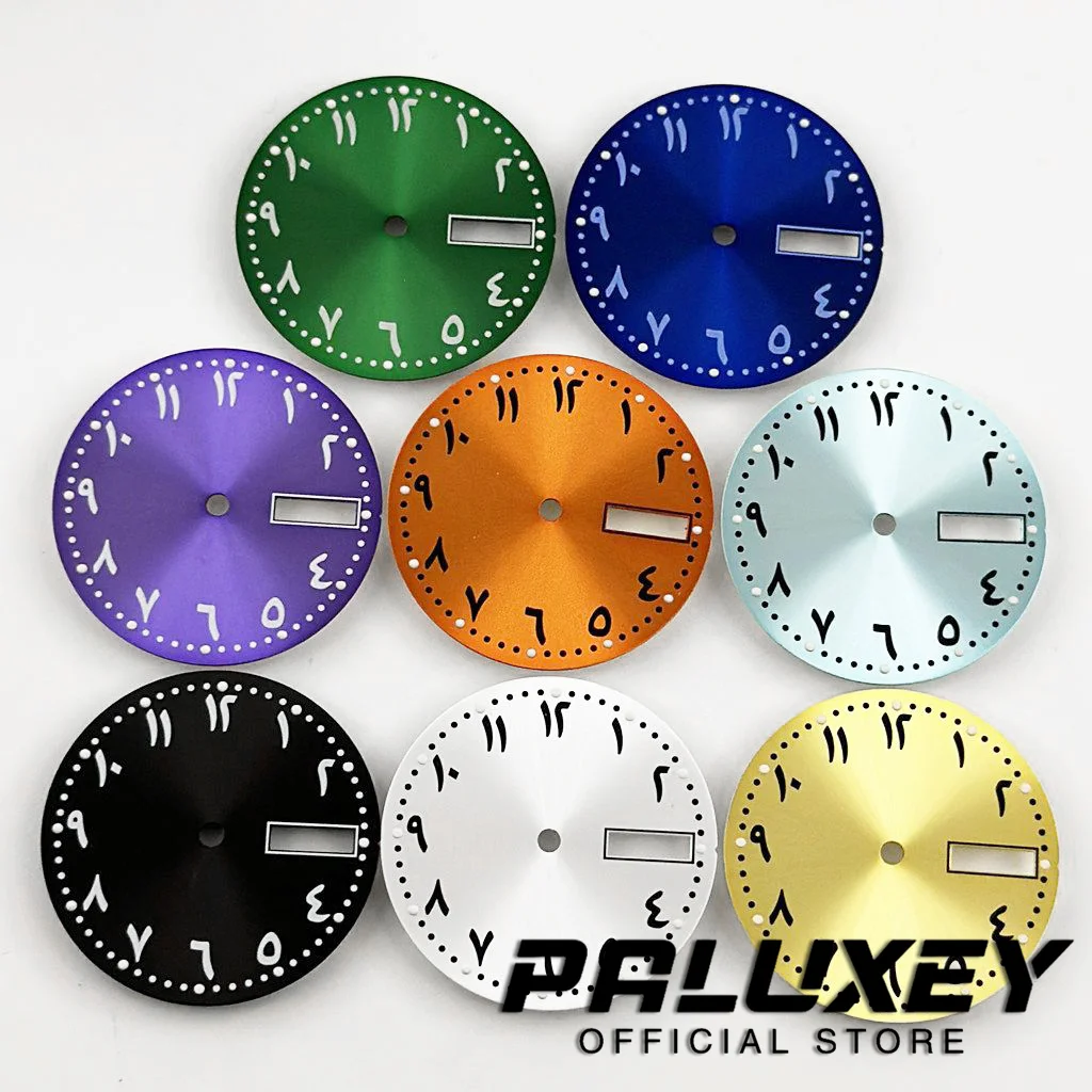 

Циферблат с арабскими цифрами Sunburst 28,5 мм, двойной календарь, подходит для NH36 4R36, аксессуары для часов с автоматическим механизмом, зеленая подсветка