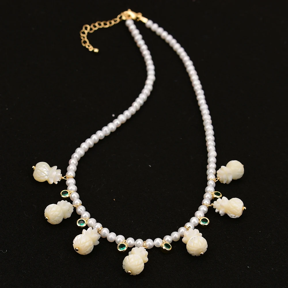 GG Natural White Potato Pearl Necklace Carved Pineapple Shell Green Zircon Pendant