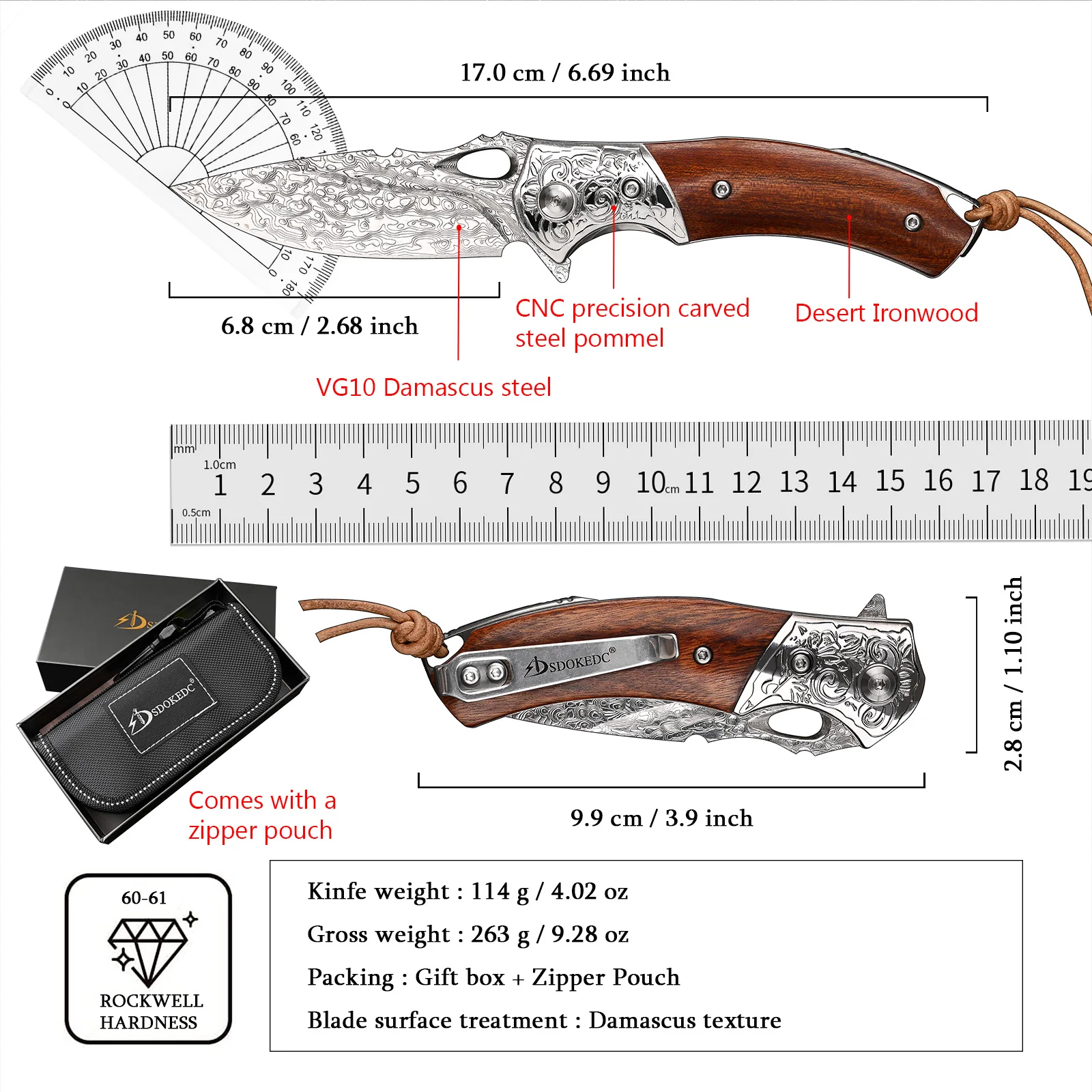 SDOKEDC VG10 Damascus Steel Folding Pocket Knife Desert Ironwood Handle 60-61 HRC EDC Knife with Gift Box & Zipper Pouch for Camping Outdoor & Daily Carry