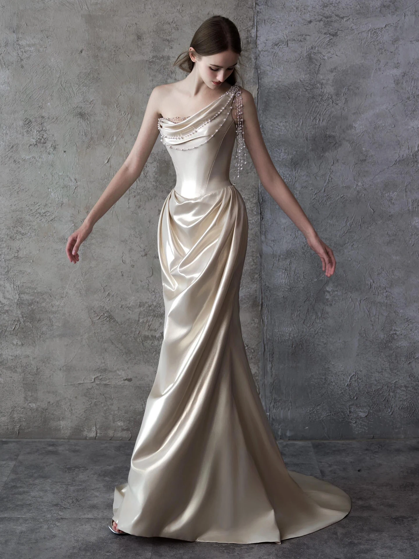 

2026 New Sle Single oulder Wedding Dr Small Train Morning Robe Women Bride Cus Ceremony Dr Wine Serving Welcome ...