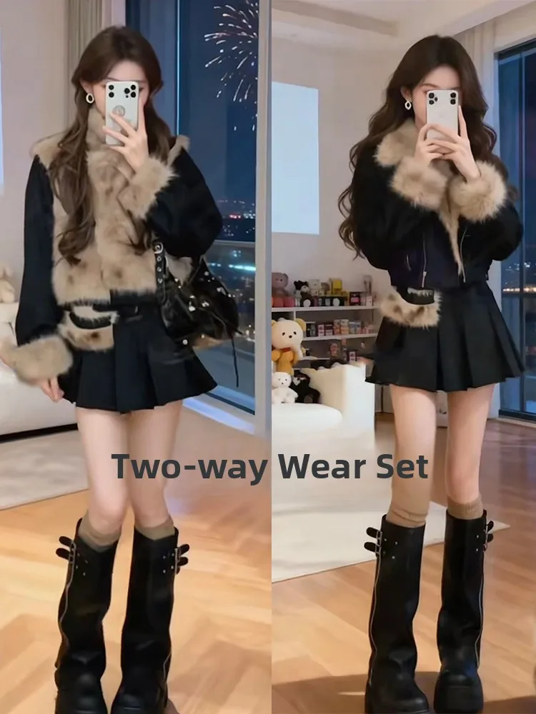 

Cool Spicy Girl Retro Fur Outerwear Half Skirt Pleated Skirt Set Sweet Temperament Soft Age Reduction Short Sleeve Zipper