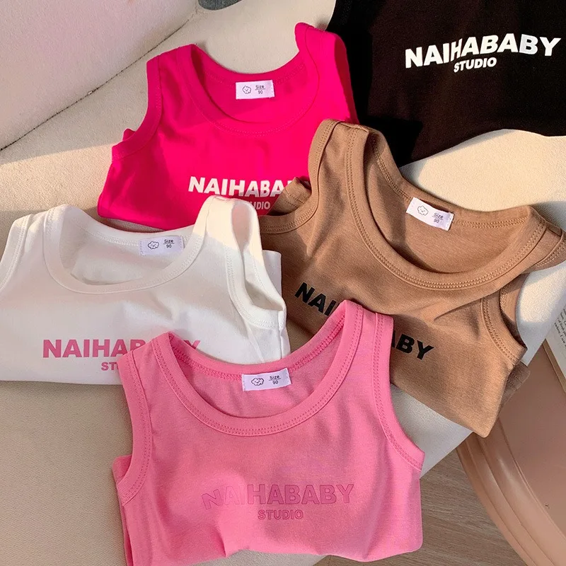 Mädchen Baumwoll-Tanktop T-Shirt Jungen Buchstaben-Print Einfarbig Weiß Niedliche Kinder Casual Süße Schlichte Alltags-Tops