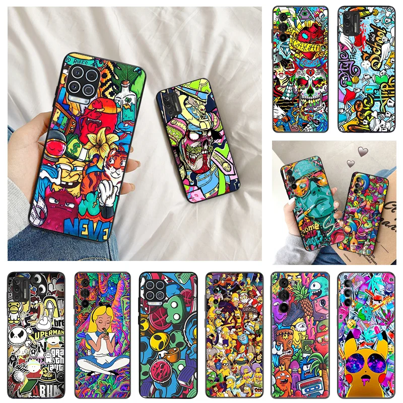 Ultra Thin Black Phone Case for Motorola G9 Edge 20 30 40 G50 G51 G60 G71 G22 G32 G52 G72 G53 G73 Graffiti Sticker Art Cartoon