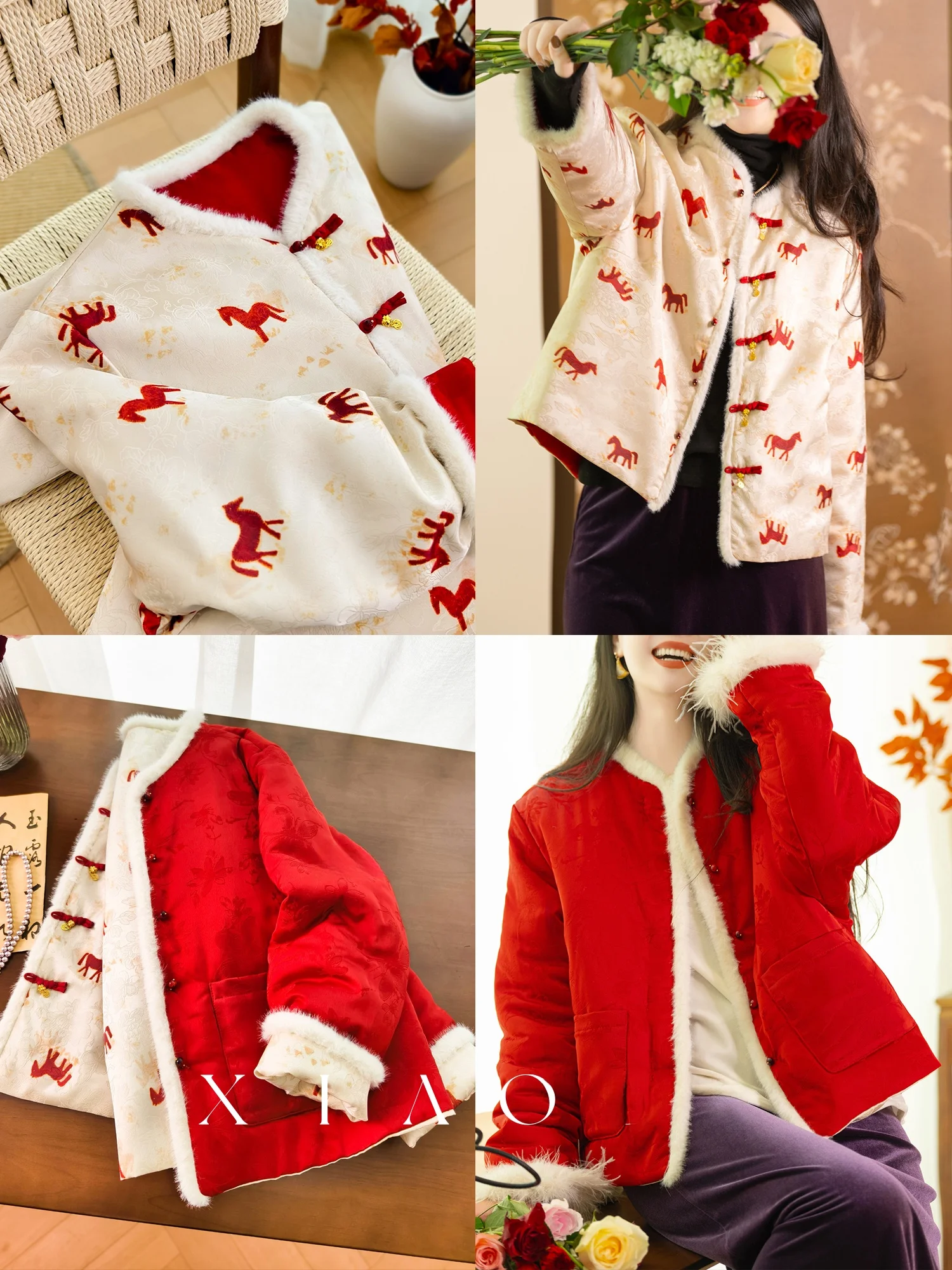 

Double-Sided Wear Cotton Jaet Red Snow Walking Silk Brocade Women's Sle Comfortable Fit Long Sve round Ne Coat
