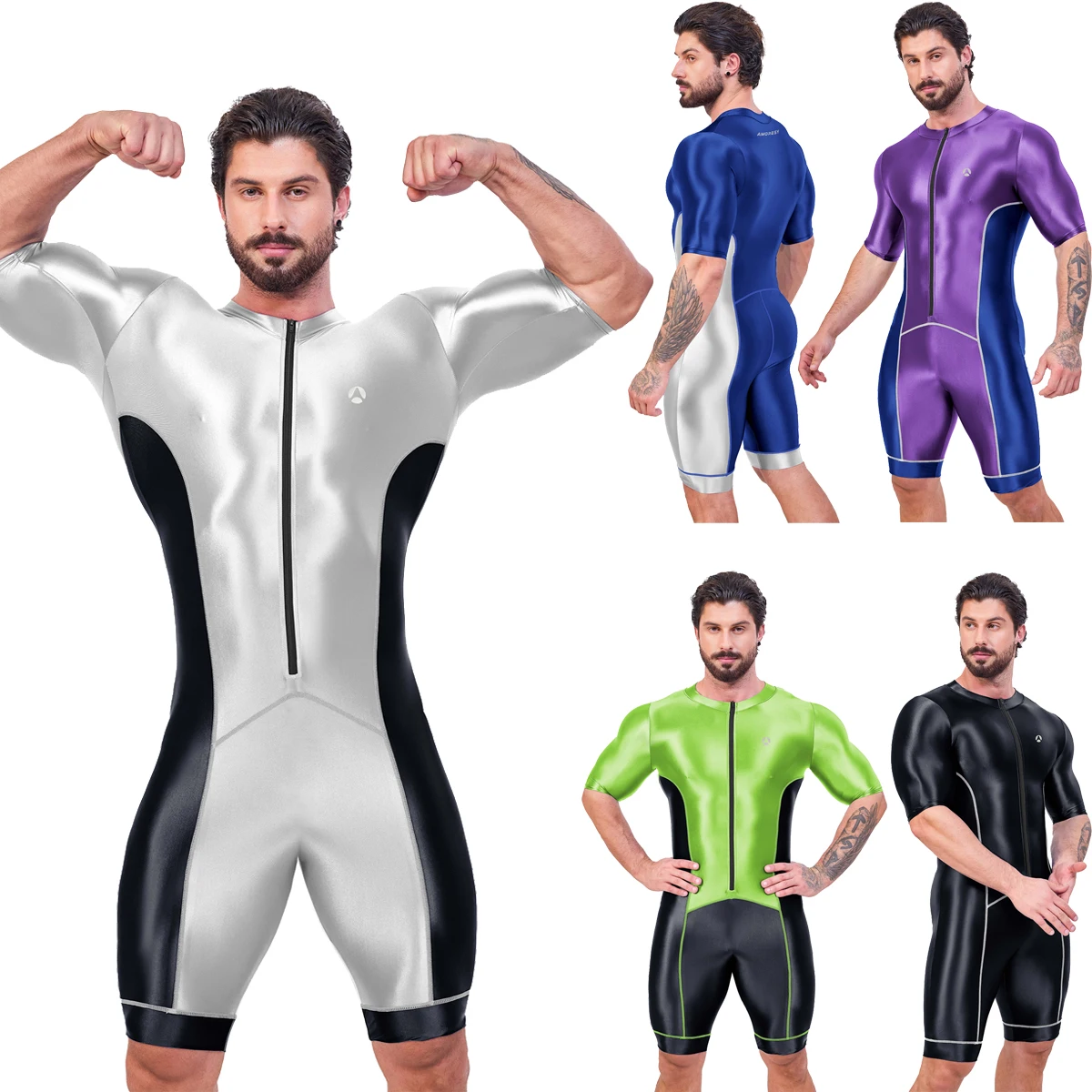 AMORESY Men Oil Glossy Spandex High Stretch Breathable Triathlon Swimsuit Riding Shortsleeve Jumpsuit Tracksuit Bodysuit Catsuit