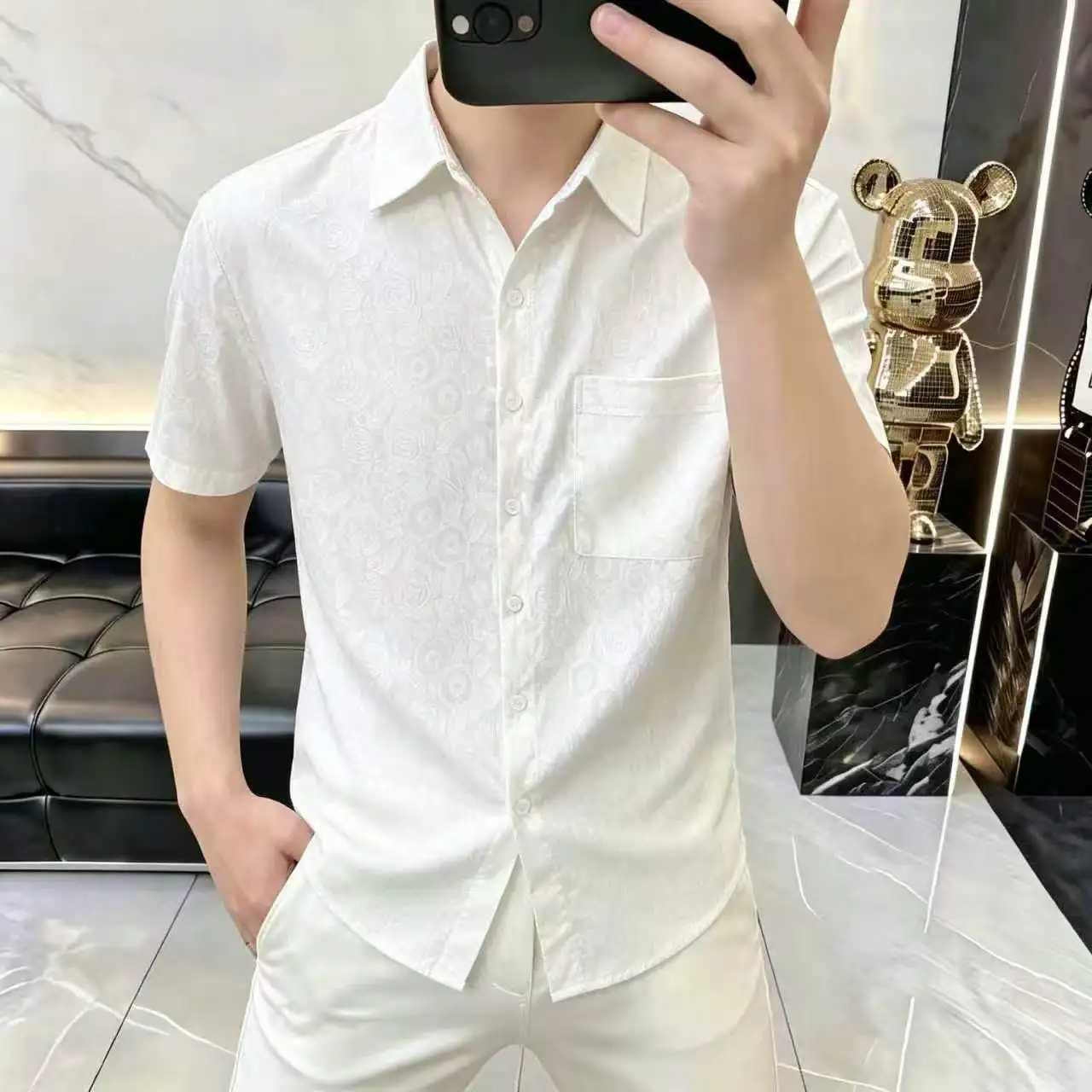 

2026 Summer New Style Men's Jacquard Breathable Old Money Style Collar Short-Sleeved Fashion Casual Trend Shirt - Versatile