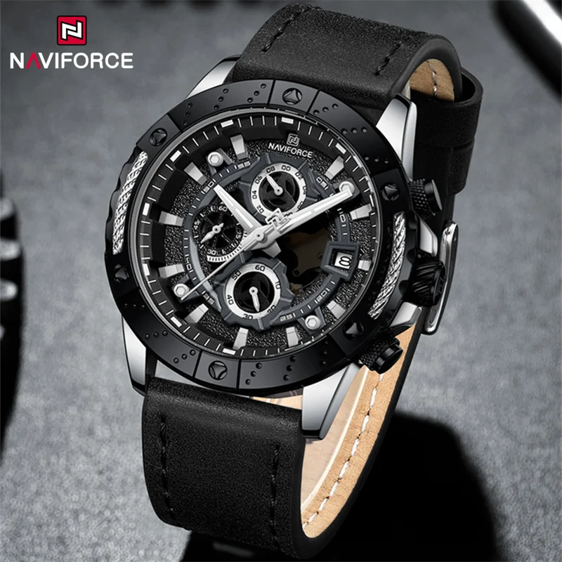 NAVIFORCE Brand Original Men\'s Luxury Watch Leather Band Sport Chronograph Quartz Wristwatch Waterproof Luminous Calendar Clock