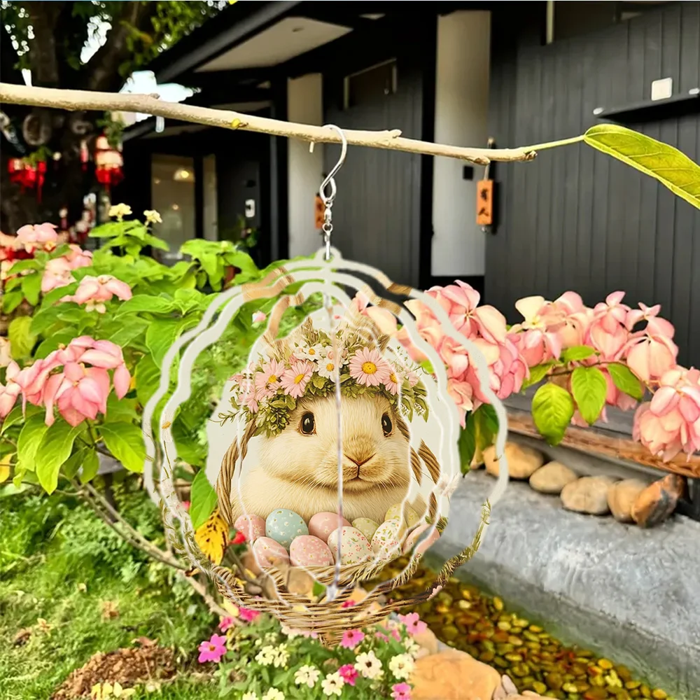 Large Metal Easter Bunny & Chicks Wind Chime with Eggs - 3D Rotating Outdoor/Indoor Wind- Spinner, 360° Spinning Bird Deterrent