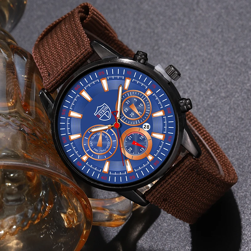 2PCS Set Fashion Mens Watches Man Business Quartz Wristwatch Luxury Nylon Wristwatch Men Casual Brown Wallet Set