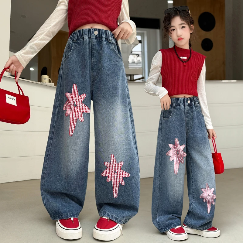 Kids Girl Fashion Wide Leg Carpenter Jeans With Embroidery Spring Autumn Children Loose Curved Knife Denim Pants Trendy Trousers