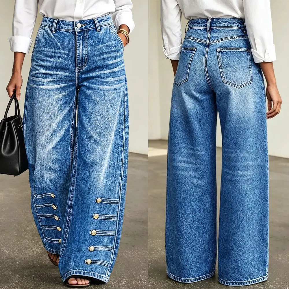 Women High Waist Wide Jeans Vintage Blue Washed Denim Pants Side Decor Gold Buttons Loose Fit Long Trousers Casual Streetwear