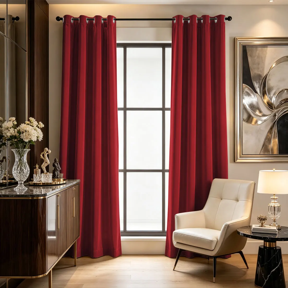 Red Solid Velvet Grommet Curtains Set of 2, Blackout Window Drape, Elegant Curtain For Bedroom Living Room