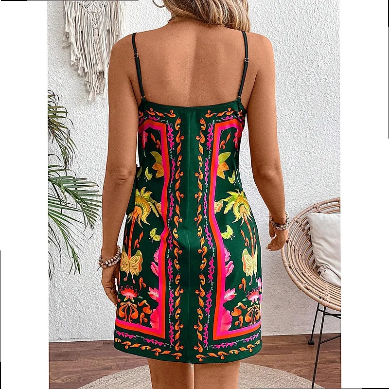 Summer Tropical Print Sleeveless Spaghetti Strap Tie Dress Dresses Jumpsuit Playsuit