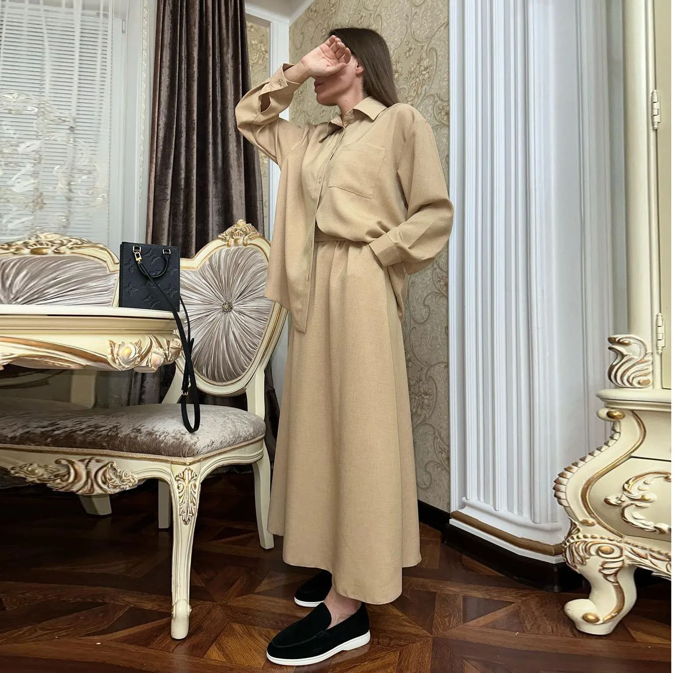 SuperAen European American Women's Wear Spring 2024 New Loose Long Sleeve Shirt Skirt Two Pieces Set