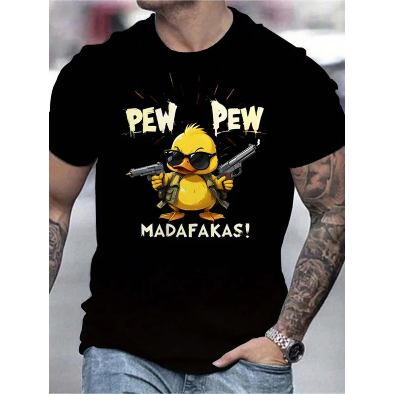 

Moisturewicking Fabric Men's PEW PEW Cool Duck Graphic T-Shirt - Casual Black Round Neck Short Sleeve Tee With 3D Print, Breatha