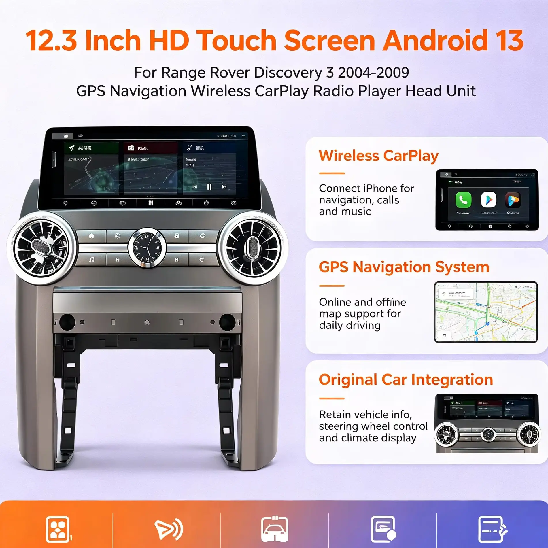 12.3 inch HD Touch Screen Android13 For Range Rover Discovery 3 2004-2009 GPS Navigation Wireless Carplay Radio Player Head Unit