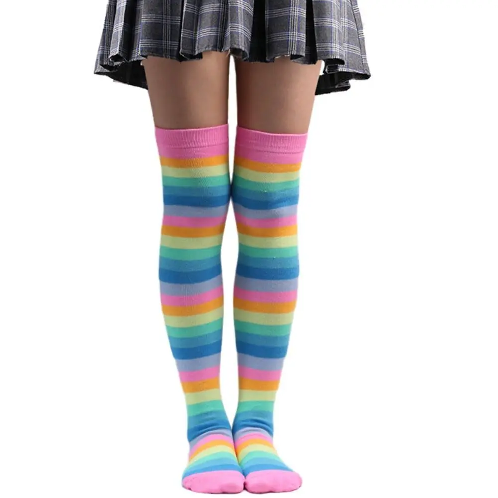 Accessoires de Cosplay, bas rayés arc-en-ciel colorés, chaussettes longues rayées au dessus du genou, durables, Sexy, cuisses hautes, noël