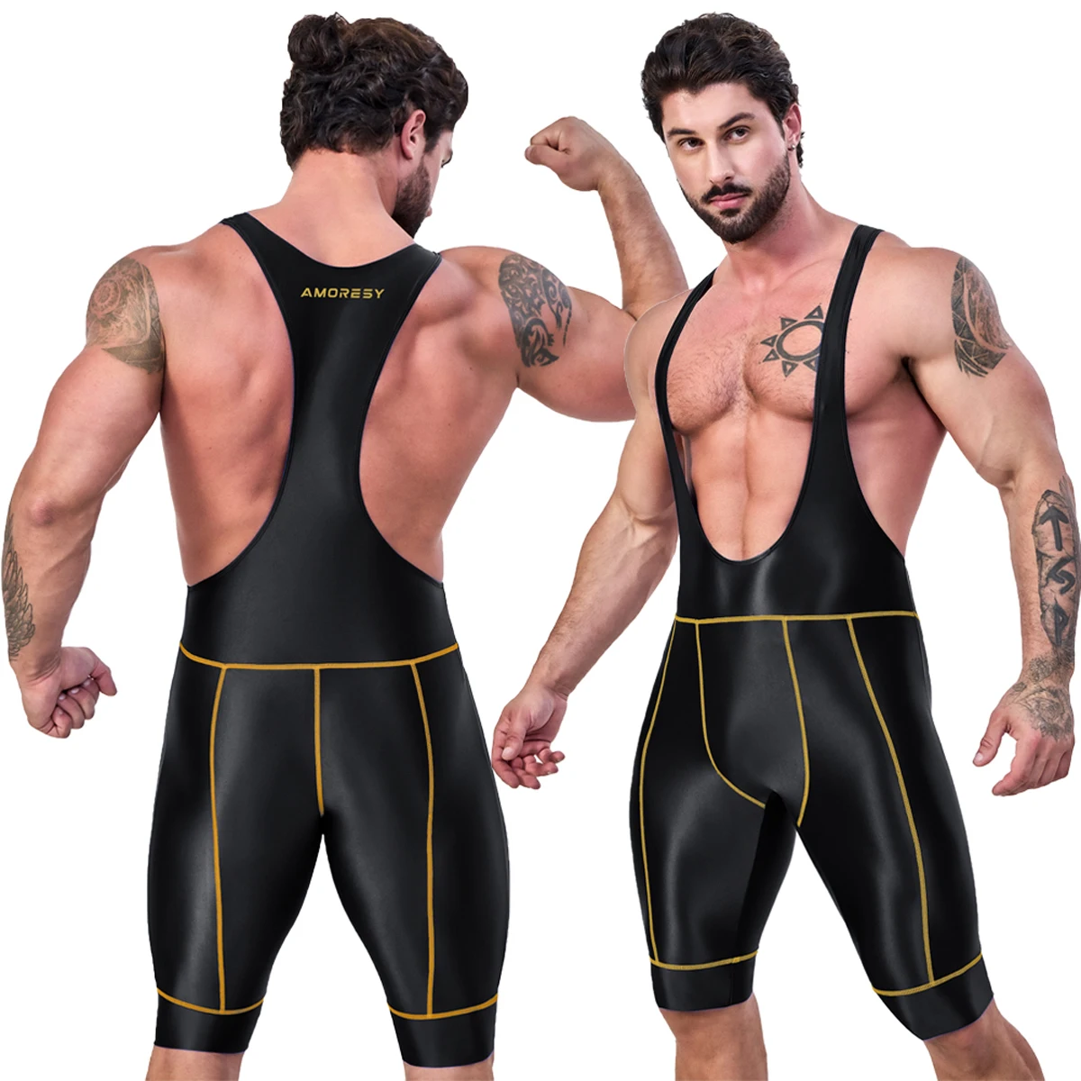AMORESY Octavian Macacão Masculino Brilhante de Spandex Elástico para Ciclismo, Fitness, Ginástica, Roupa Ativa e Moda Praia