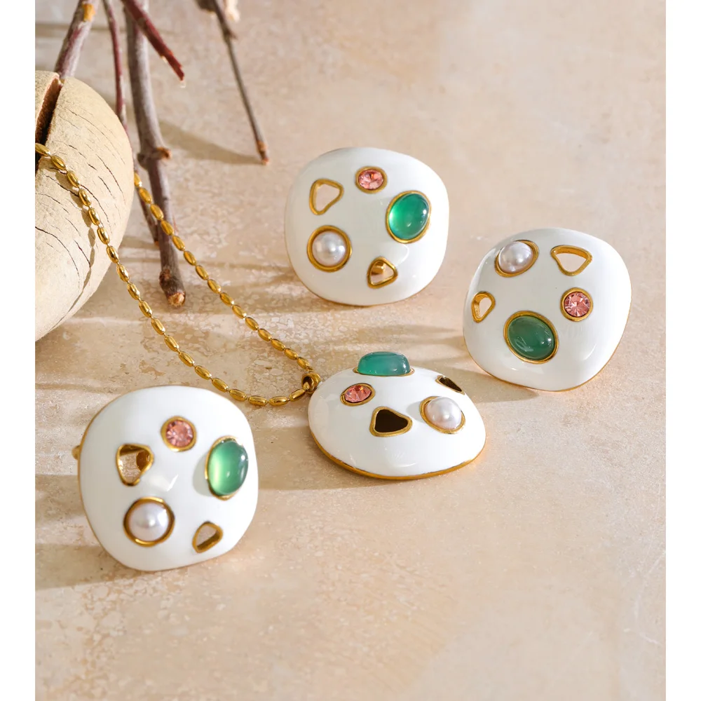 Yhpup White Enamel Stone Pearls Round Stud Earrings for Women 18K Gold Color PVD Plated Stainless Steel 2026 Arrivals Jewelry