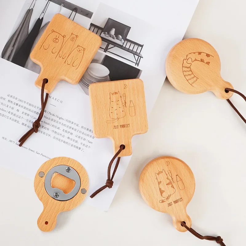 100Pcs/Lot Round Square Wooden Bottle Opener With Handle Coaster Fridge Magnet Decoration Beer Bottle Opener Can Engrave Logo