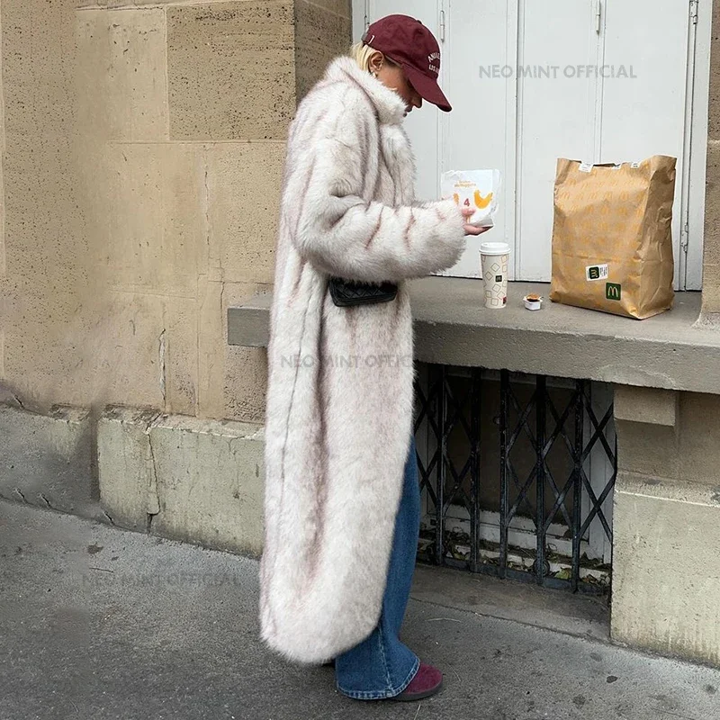 Neo Mint-abrigo largo de piel de zorro sintética para mujer, chaqueta mullida y cálida de lujo, ropa de calle para invierno, 2024