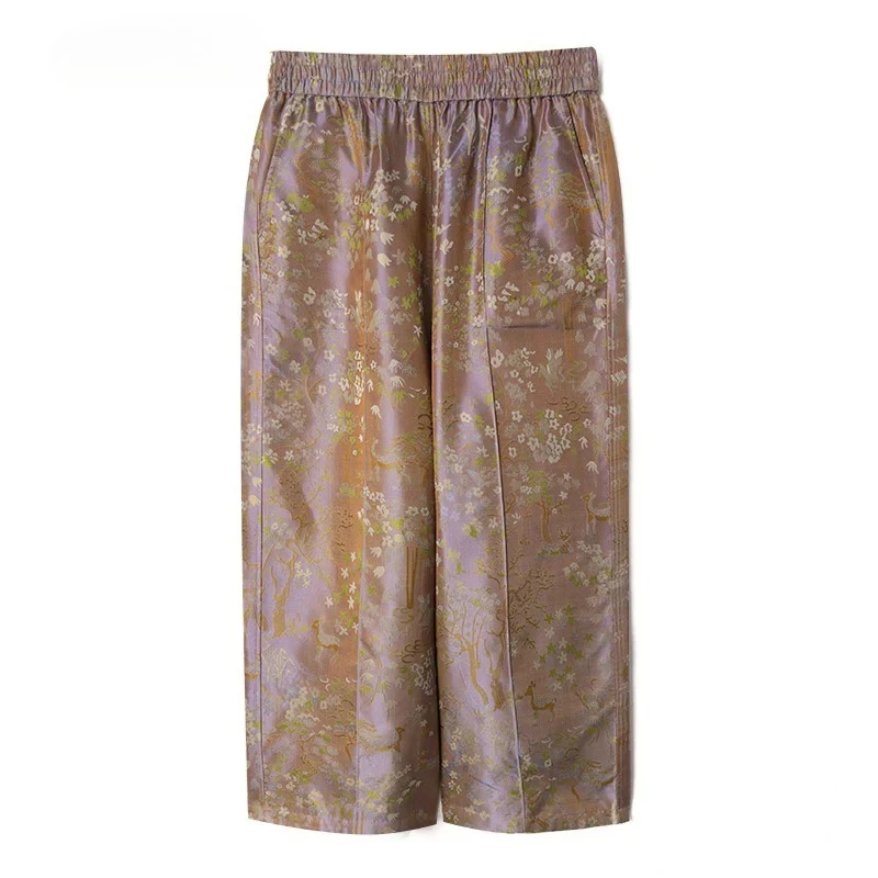 2025 Women's Fashion Autumn Clothing Deer Print Versatile Elastic Waist 100% Natural Mulberry Silk Shu Brocade Straight Pants