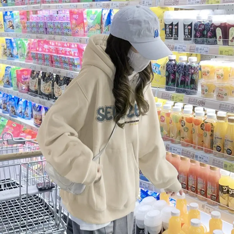 Design sense niche lazy style hooded sweatshirt women's autumn and winter American ins trendy loose long-sleeved women clothing