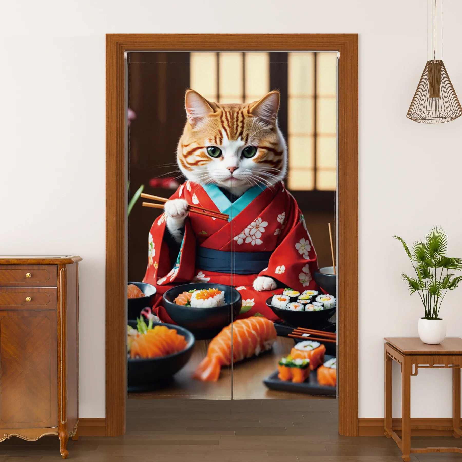 Japanese Izakaya Cooking Doorway Noren Door Curtain 2D Kimono Cat Sushi Ramen Shop Kitchen Partition Curtain Entrance Decor
