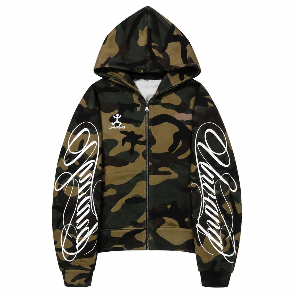 Unisex Camouflage Zip Up Hoodie Relaxed Fit Graphic Sleeve Streetwear Jacket