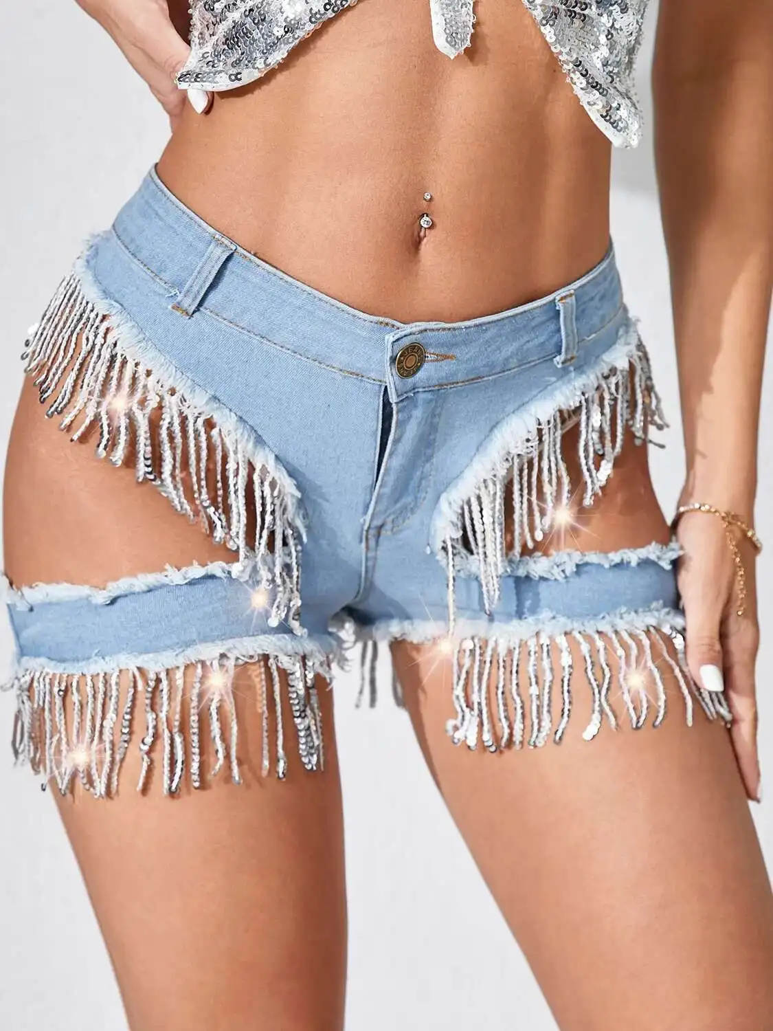 

Новые рваные ультракороткие джинсовые шорты с кисточками и блестками, с высокой талией, джинсы для женщин, очаровательные Pure Desire O8N4